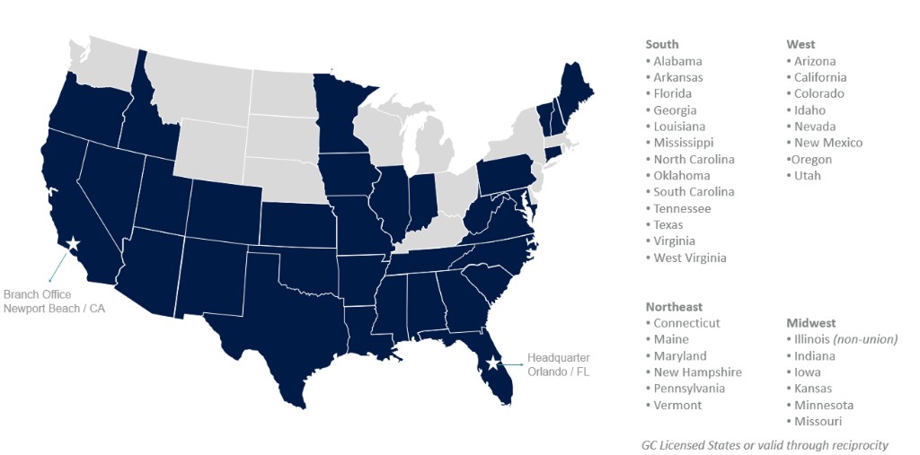 Map of the United States highlighting JMC Quality Builders' licensed states across the South, West, Northeast, and Midwest, with headquarters in Orlando, FL and a branch office in Newport Beach, CA.