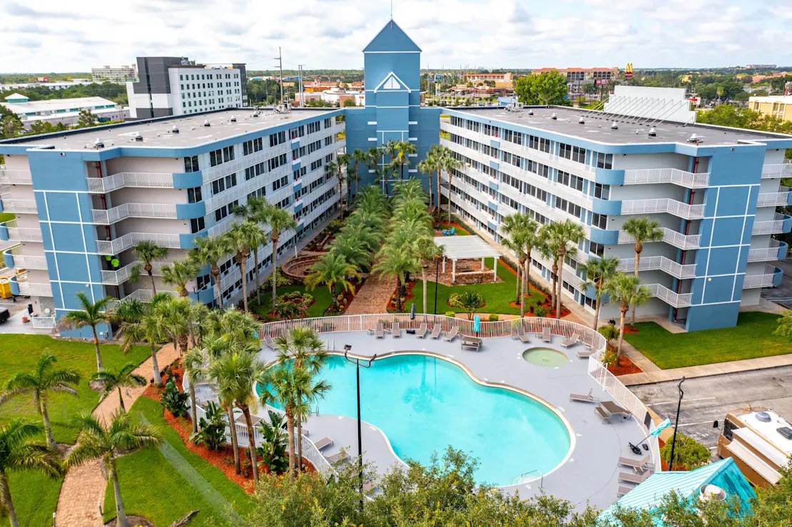 Aerial view of an occupied hotel property renovated by JMC